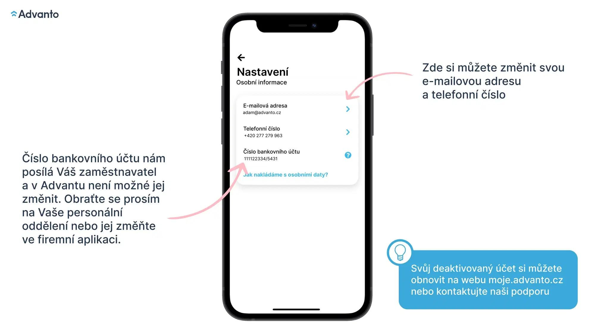 Nastavení osobních údajů v aplikaci Advanto